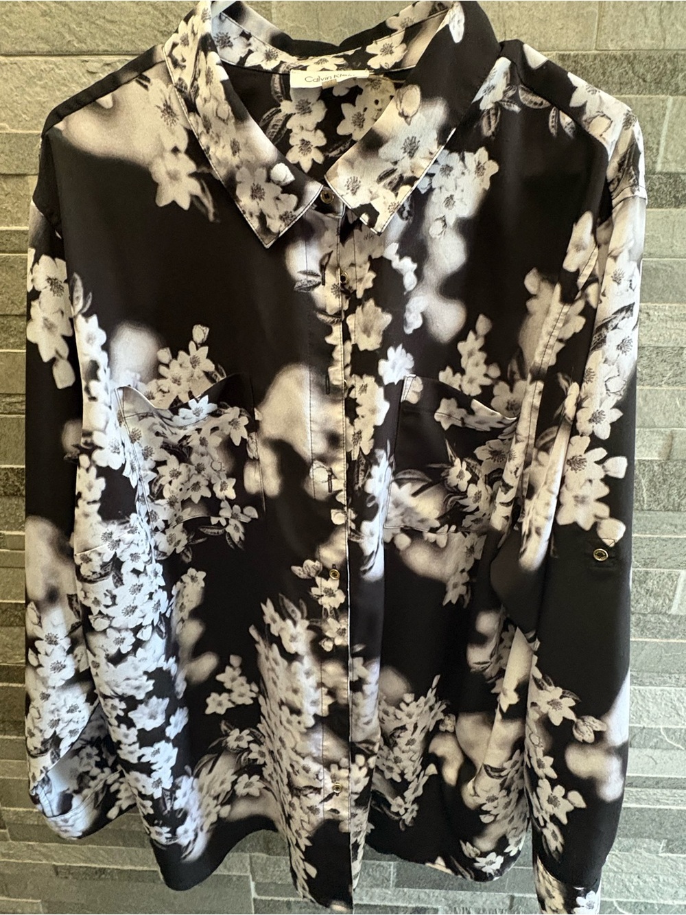 Calvin Klein Black and White Floral Button-Down Shirt